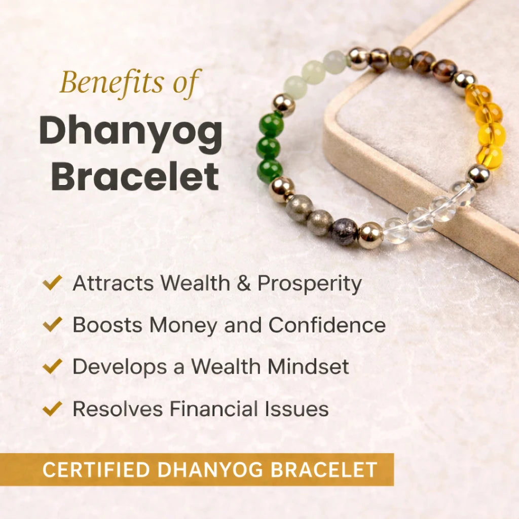 Dhanyog Multi-Crystal Bracelet (Lab Certified) + Selenite Plate — Astro Pyrite