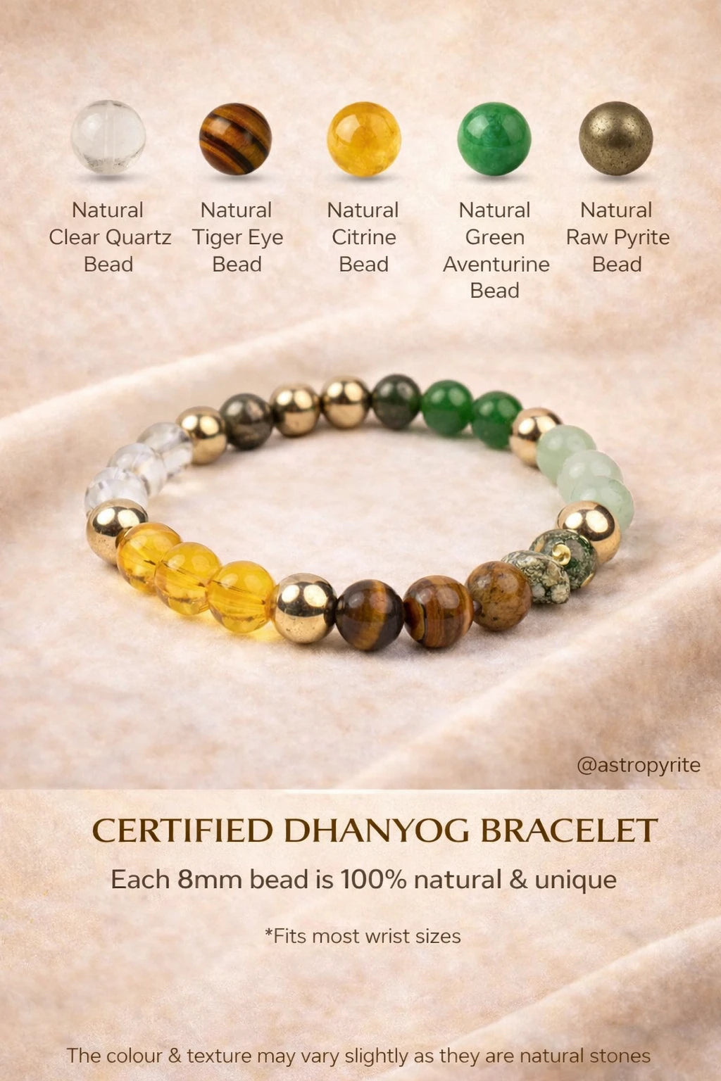Dhanyog Multi-Crystal Bracelet (Lab Certified) + Selenite Plate — Astro Pyrite
