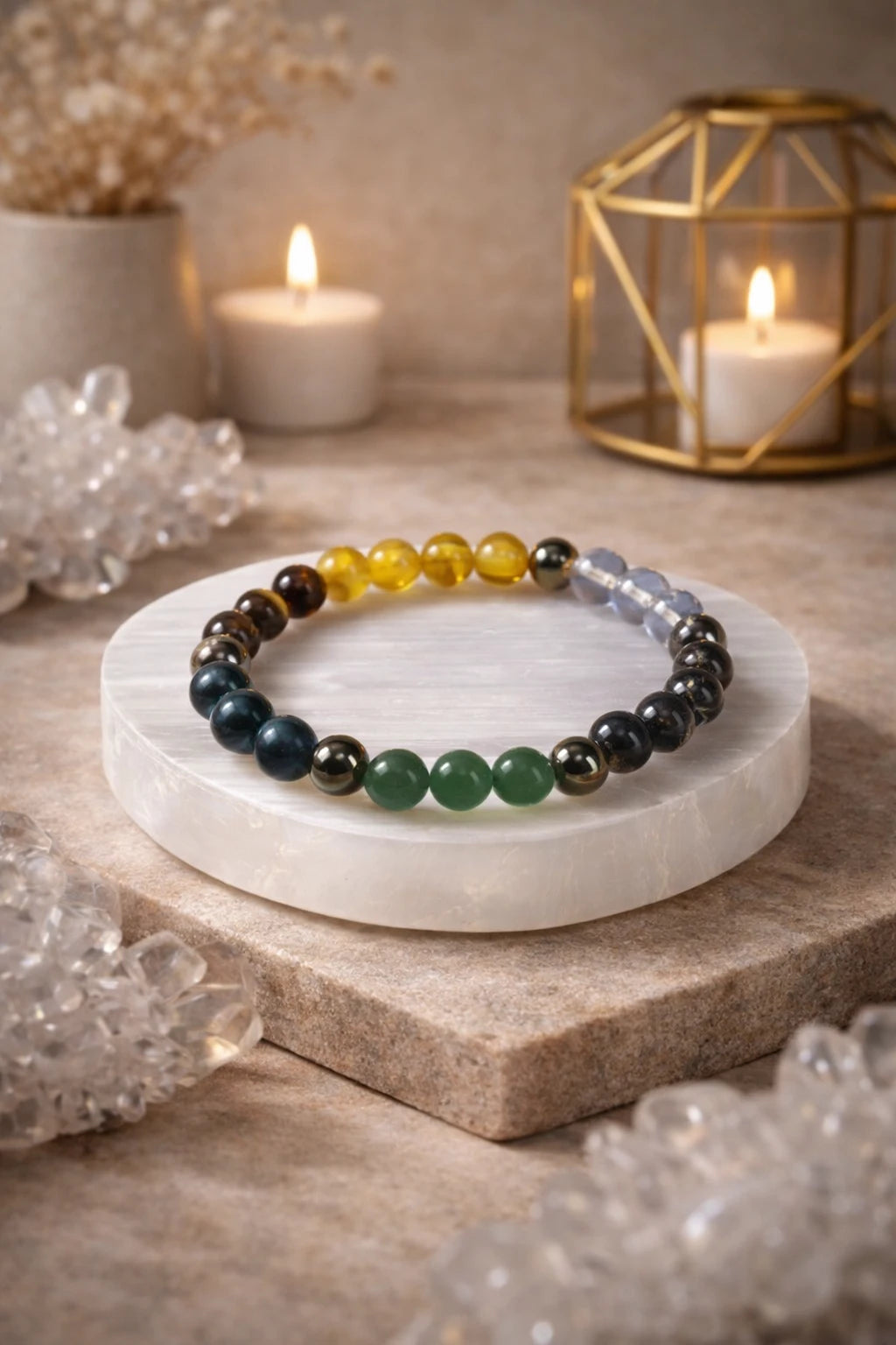 Dhanyog Multi-Crystal Bracelet (Lab Certified) + Selenite Plate — Astro Pyrite