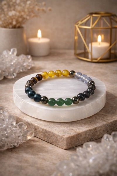 Dhanyog Multi-Crystal Bracelet (Lab Certified) + Selenite Plate — Astro Pyrite